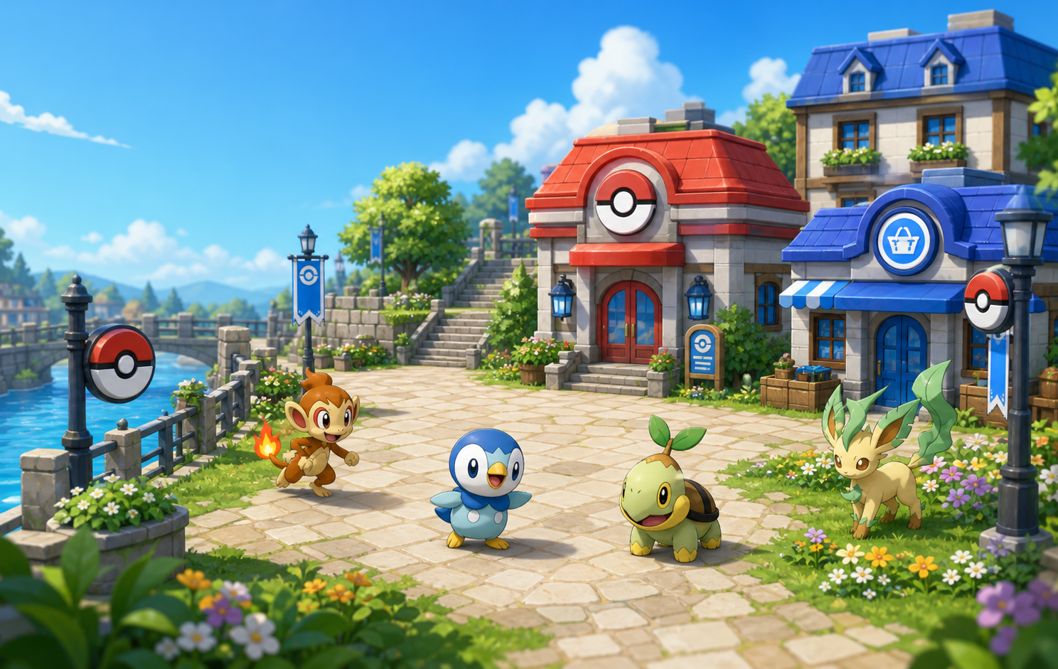 Pokeworld plaza with Pokémon Center, Poké Mart, Chimchar, Piplup, Turtwig, and Leafeon