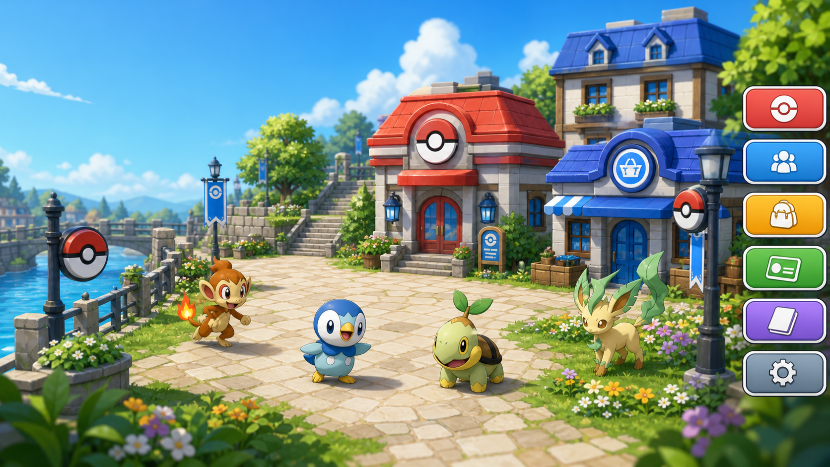 Pokeworld plaza with Pokémon Center, Poké Mart, Chimchar, Piplup, Turtwig, and Leafeon